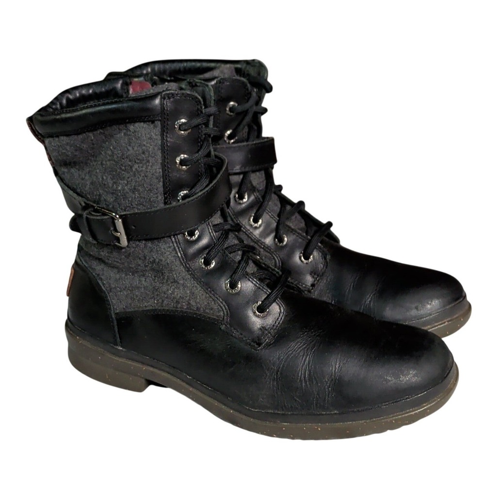 UGG Australia Kesey Ankle Boots Womens Size 9 Black Leather Wool Side Zip Sherpa